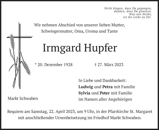 Traueranzeige von Irmgard Hupfer von merkurtz