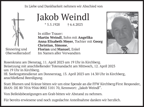 Traueranzeige von Jakob Weindl von merkurtz