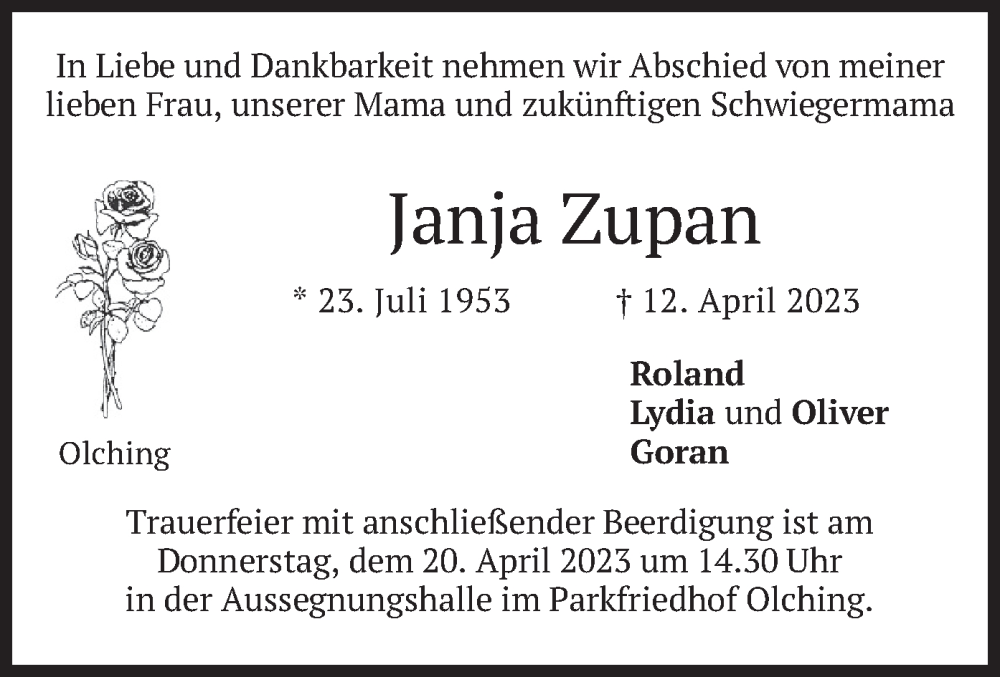  Traueranzeige für Janja Zupan vom 18.04.2023 aus merkurtz