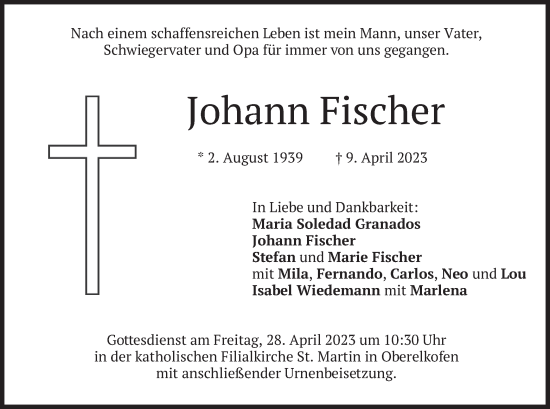 Traueranzeige von Johann Fischer von merkurtz