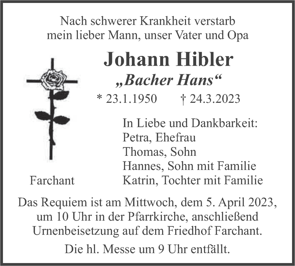  Traueranzeige für Johann Hibler vom 01.04.2023 aus merkurtz