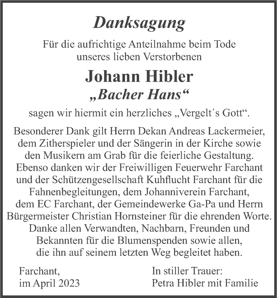 Traueranzeige für Johann Hibler vom 15.04.2023 aus merkurtz