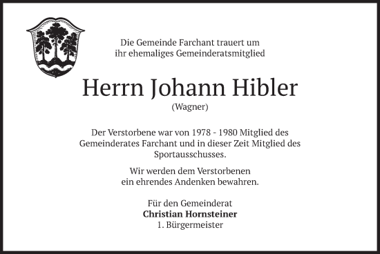Traueranzeige von Johann Hibler von merkurtz
