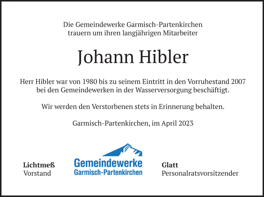  Traueranzeige für Johann Hibler vom 04.04.2023 aus merkurtz