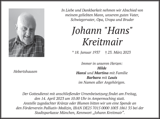 Traueranzeige von Johann Kreitmair von merkurtz
