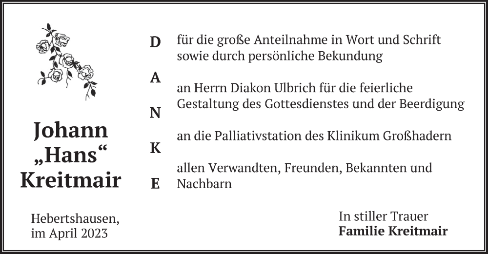  Traueranzeige für Johann Kreitmair vom 26.04.2023 aus merkurtz
