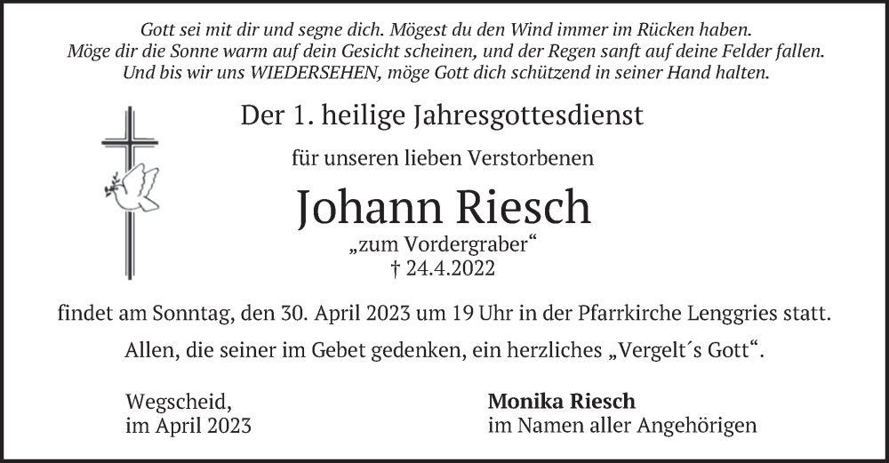  Traueranzeige für Johann Riesch vom 29.04.2023 aus merkurtz