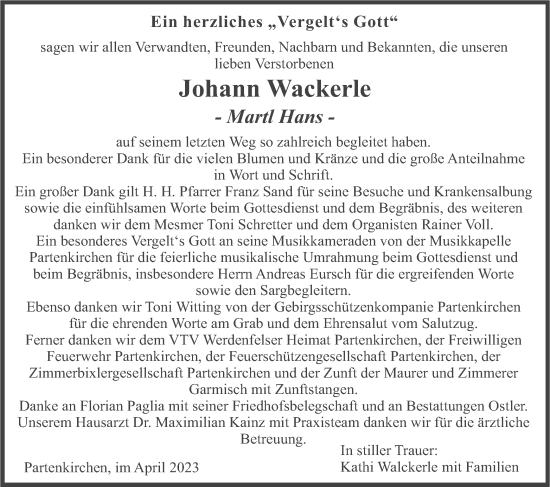 Traueranzeige von Johann Wackerle von merkurtz