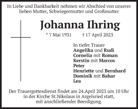 Traueranzeige von Johanna Ihring von merkurtz
