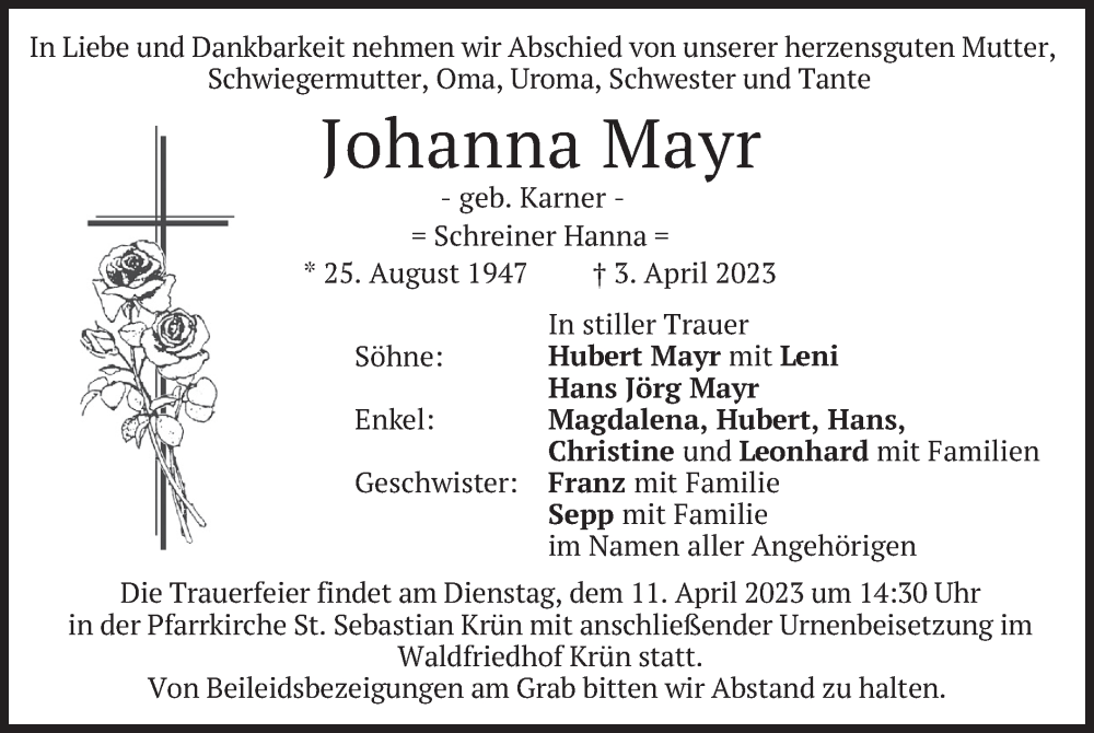 Traueranzeige für Johanna Mayr vom 06.04.2023 aus merkurtz