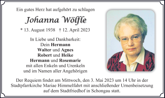 Traueranzeige von Johanna Wölfle von merkurtz