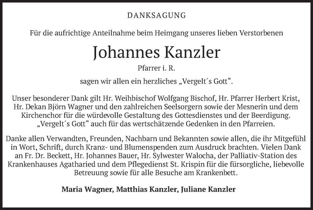  Traueranzeige für Johannes Kanzler vom 01.04.2023 aus merkurtz