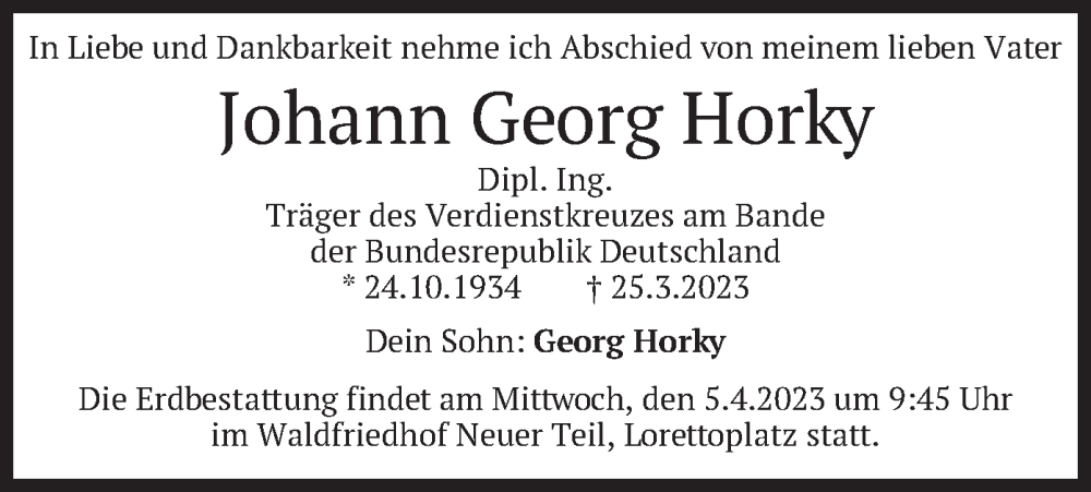  Traueranzeige für Johann Georg Horky vom 01.04.2023 aus merkurtz