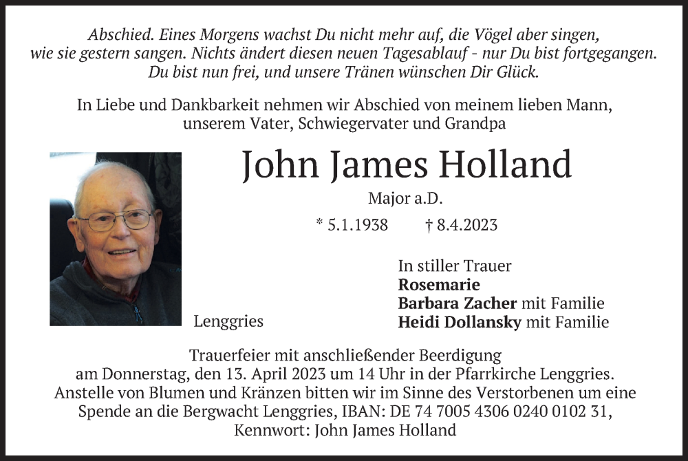  Traueranzeige für John James Holland vom 12.04.2023 aus merkurtz