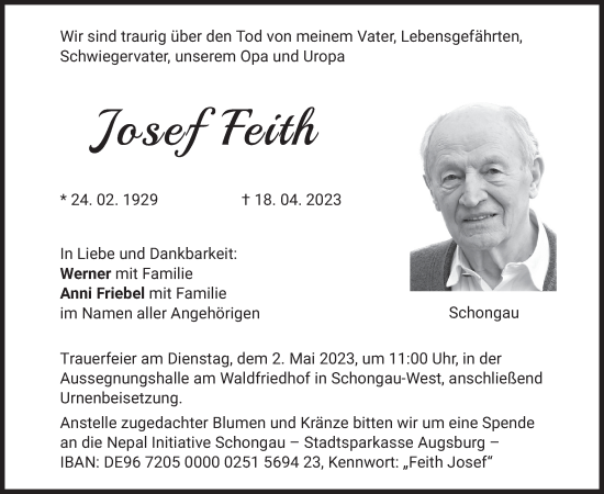 Traueranzeige von Josef Feith von merkurtz