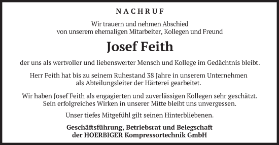 Traueranzeige von Josef Feith von merkurtz