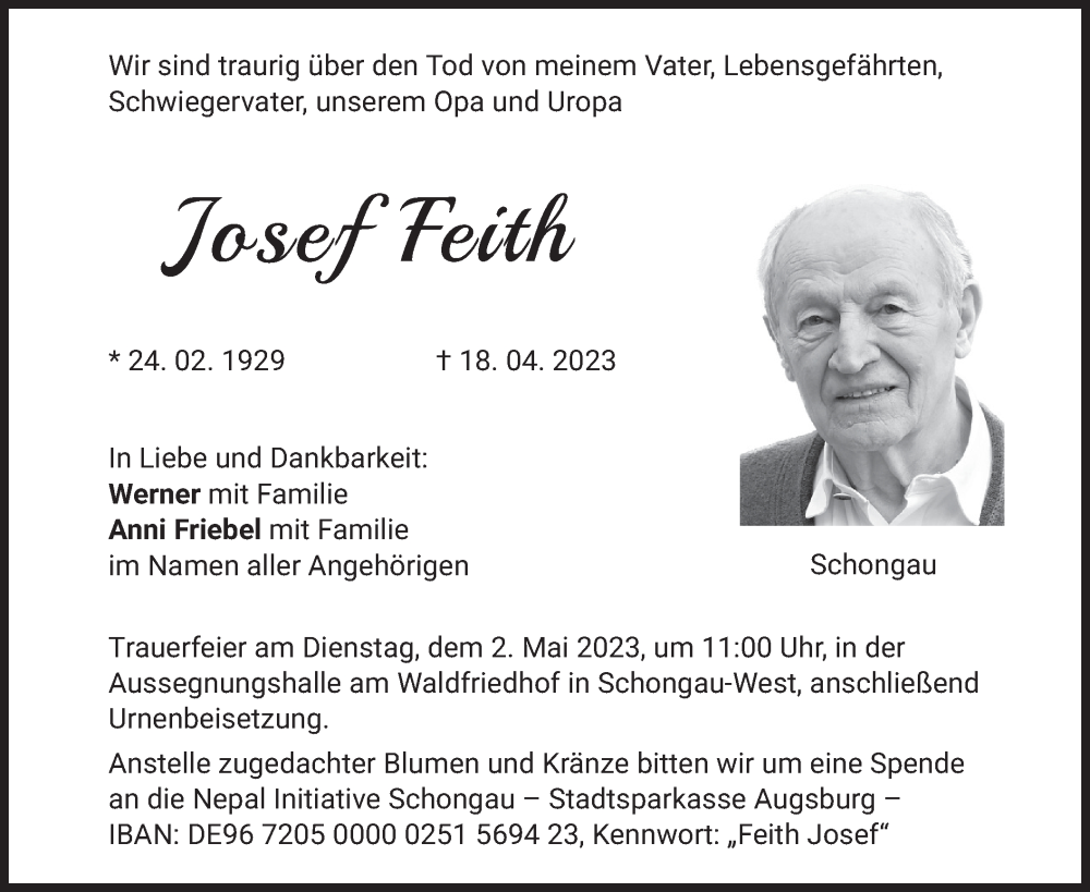 Traueranzeige für Josef Feith vom 25.04.2023 aus merkurtz