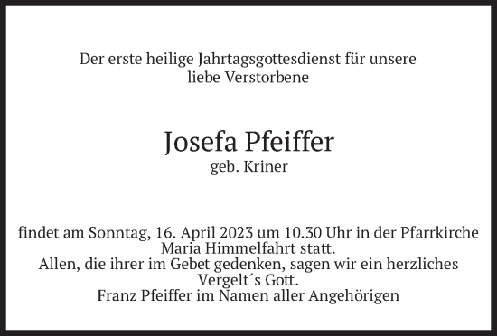 Traueranzeige von Josefa Pfeiffer von merkurtz