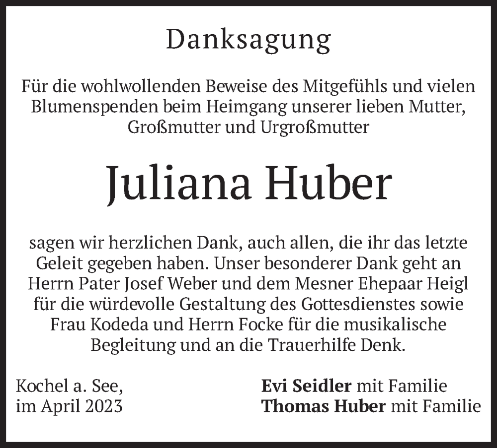  Traueranzeige für Juliana Huber vom 08.04.2023 aus merkurtz