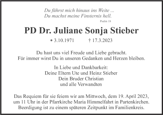 Traueranzeige von Juliane Sonja Stieber von merkurtz