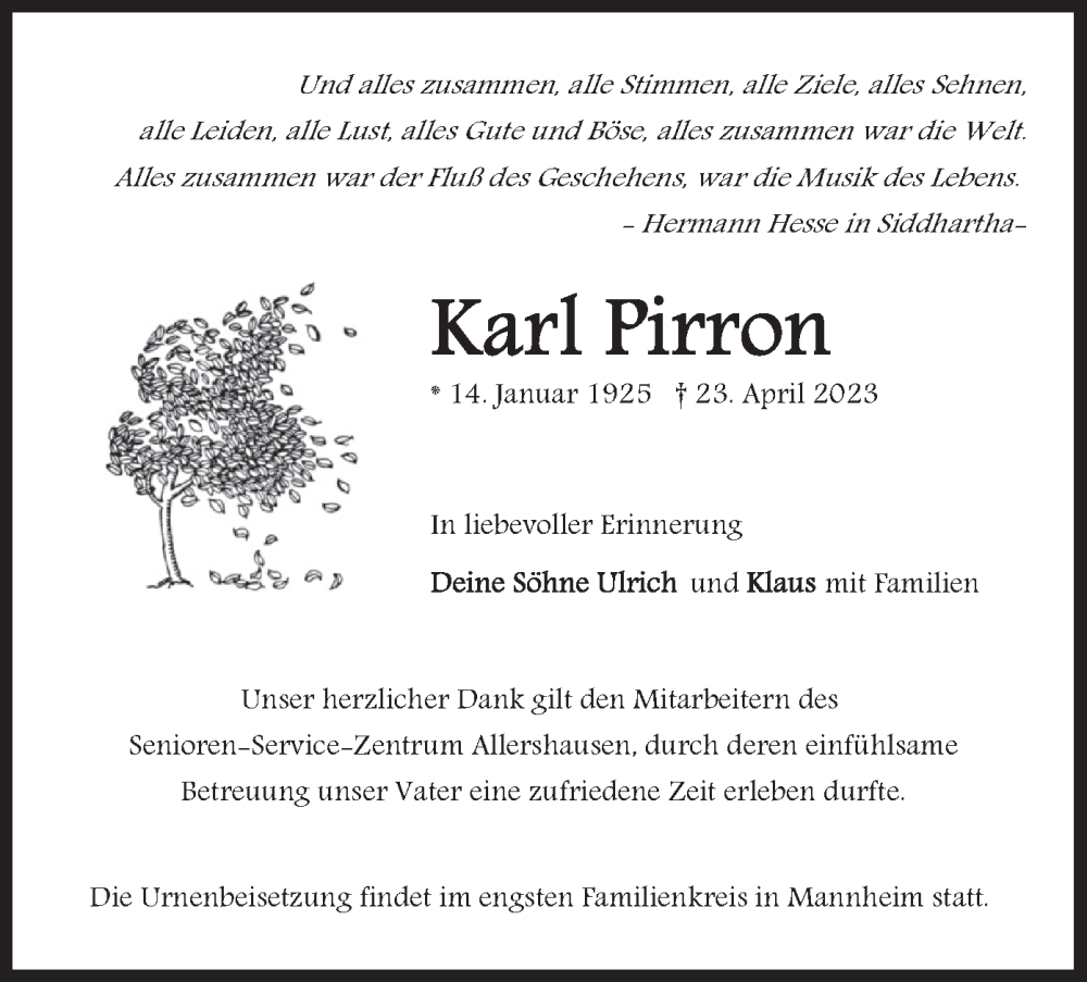  Traueranzeige für Karl Pirron vom 29.04.2023 aus merkurtz