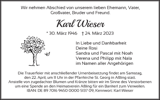 Traueranzeige von Karl Wieser von merkurtz