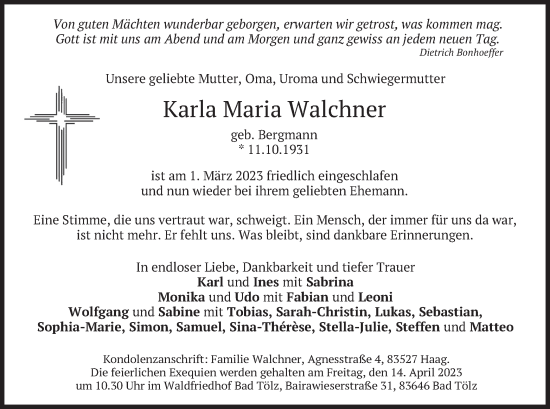 Traueranzeige von Karla Maria Walchner von merkurtz