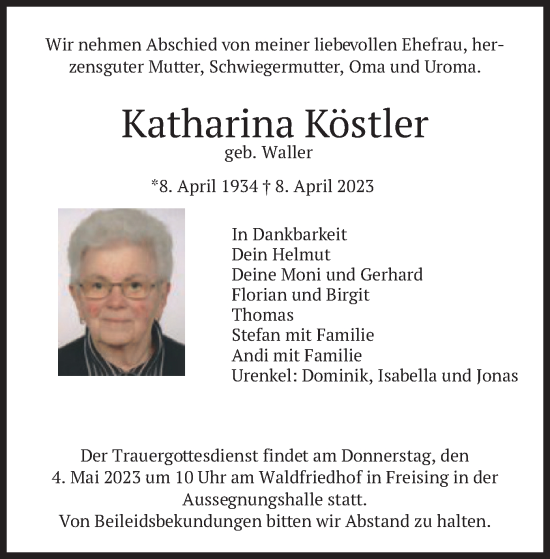 Traueranzeige von Katharina Köstler von merkurtz