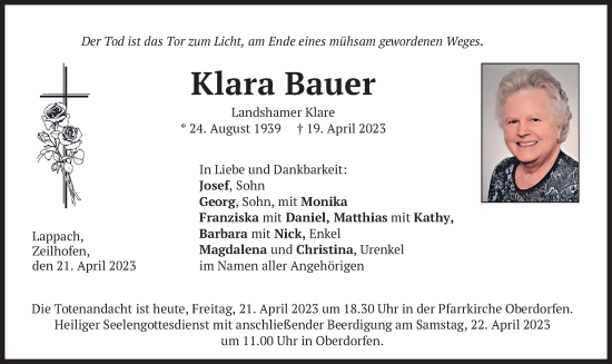Traueranzeige von Klara Bauer von merkurtz