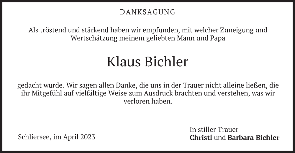  Traueranzeige für Klaus Bichler vom 08.04.2023 aus merkurtz