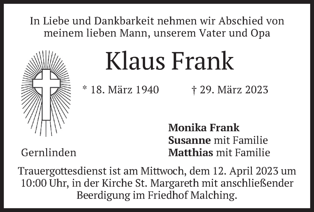  Traueranzeige für Klaus Frank vom 08.04.2023 aus merkurtz