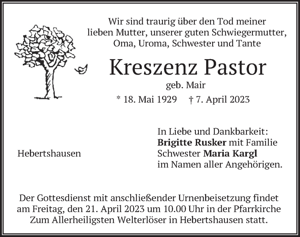  Traueranzeige für Kreszenz Pastor vom 18.04.2023 aus merkurtz