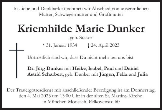 Traueranzeige von Kriemhilde Marie Dunker von merkurtz