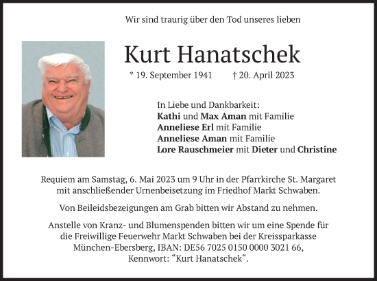 Traueranzeige von Kurt Hanatschek von merkurtz