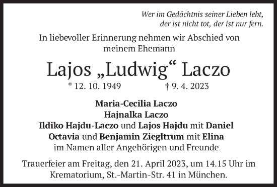 Traueranzeige von Lajos Laczo von merkurtz
