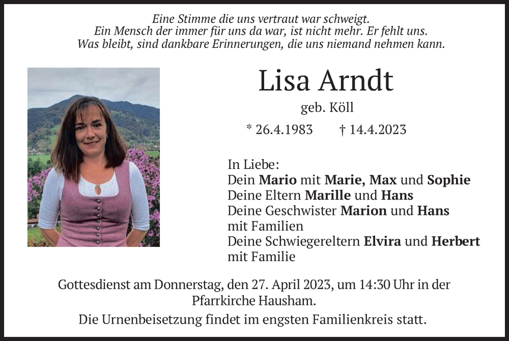  Traueranzeige für Lisa Arndt vom 25.04.2023 aus merkurtz