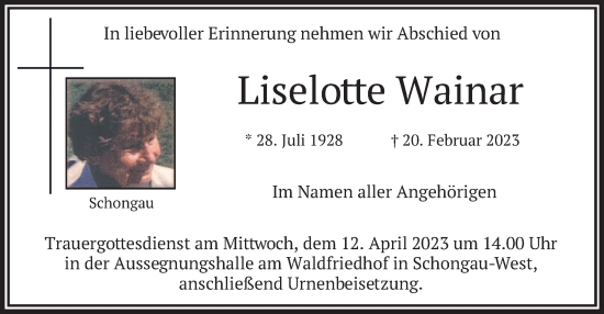 Traueranzeige von Liselotte Wainar von merkurtz