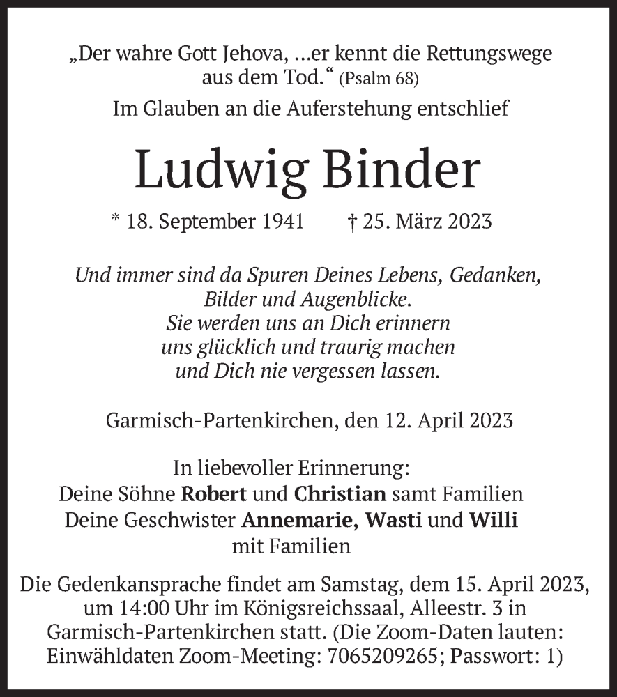  Traueranzeige für Ludwig Binder vom 12.04.2023 aus merkurtz