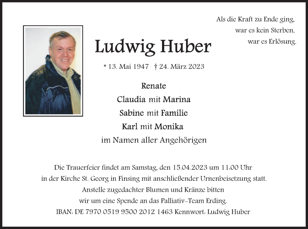  Traueranzeige für Ludwig Huber vom 08.04.2023 aus merkurtz