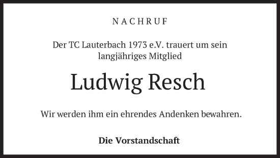 Traueranzeige von Ludwig Resch von merkurtz