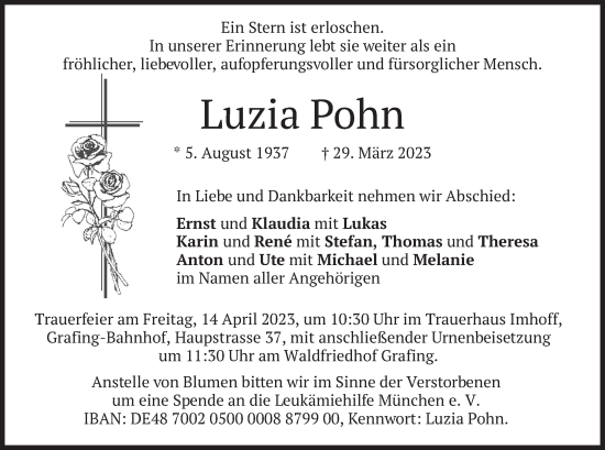 Traueranzeige von Luzia Pohn von merkurtz