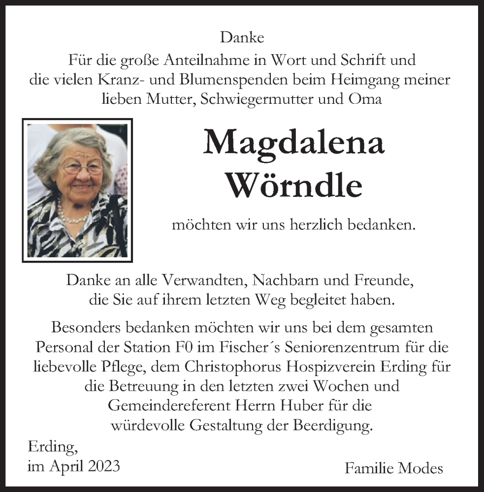  Traueranzeige für Magdalena Wörndle vom 29.04.2023 aus merkurtz