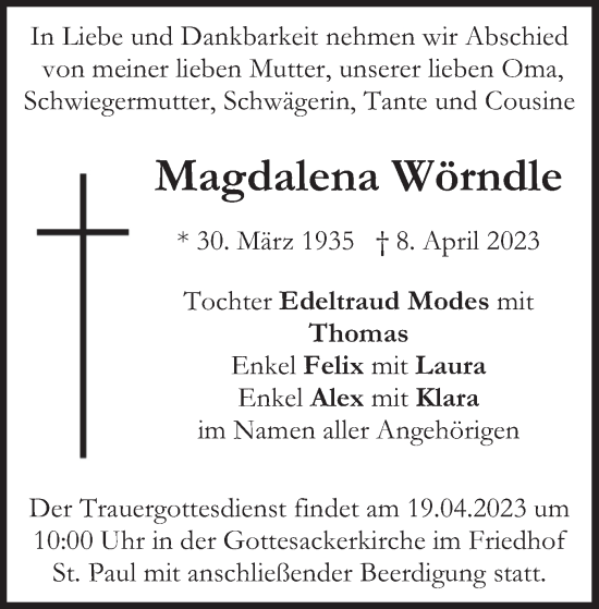 Traueranzeige von Magdalena Wörndle von merkurtz