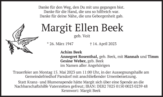 Traueranzeige von Margit Ellen Beek von merkurtz