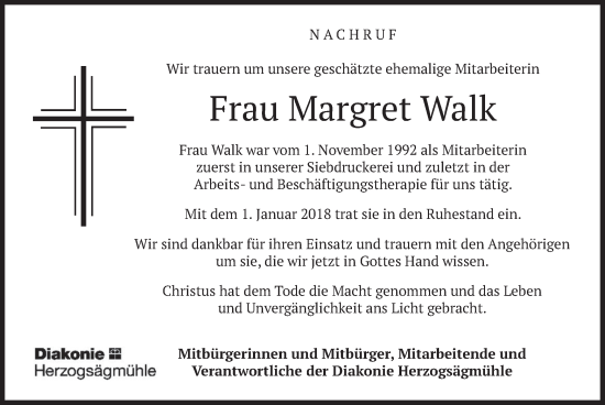 Traueranzeige von Margret Walk von merkurtz