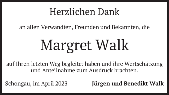 Traueranzeige von Margret Walk von merkurtz