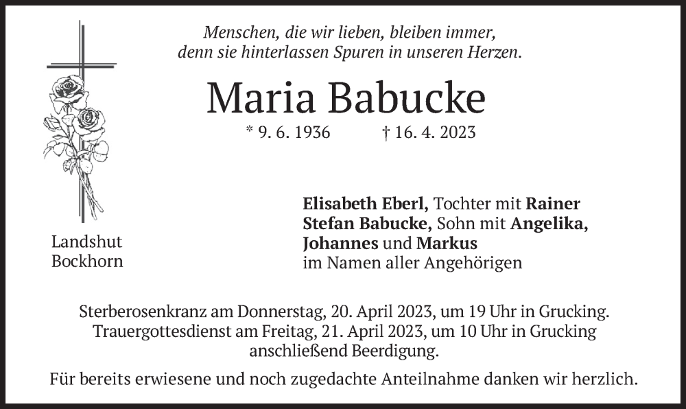  Traueranzeige für Maria Babucke vom 18.04.2023 aus merkurtz
