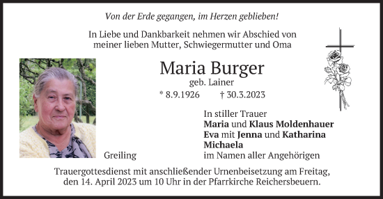 Traueranzeige von Maria Burger von merkurtz