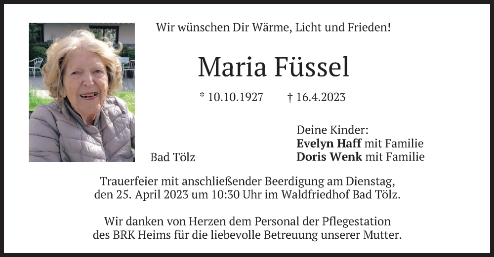  Traueranzeige für Maria Füssel vom 22.04.2023 aus merkurtz