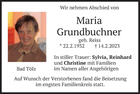 Traueranzeige von Maria Grundbuchner von merkurtz
